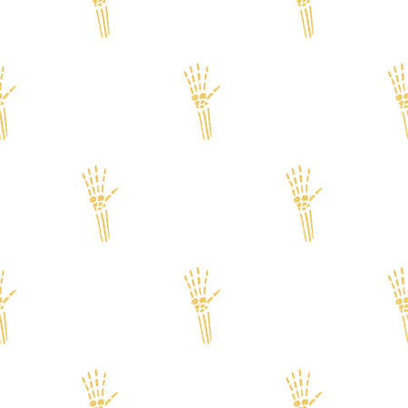 Death seamless pattern with orange colored skeleton hand. White background. Halloween print. Graphic design for wrapping paper and fabric textures. Vector Illustration.のイラスト素材