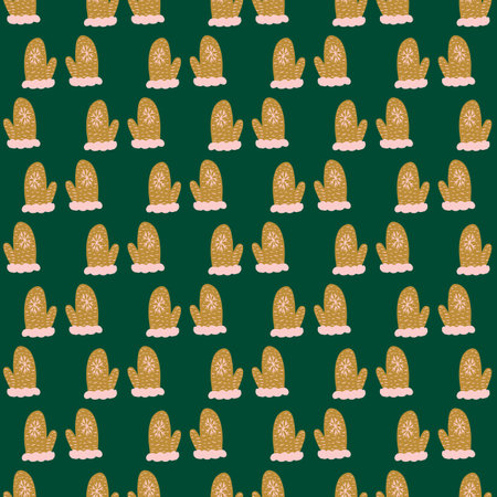 Beige colored doodle mittens print seamless xmas pattern. Knitted accessories on green background. Stock illustration. Vector design for textile, fabric, giftwrap, wallpapers.のイラスト素材