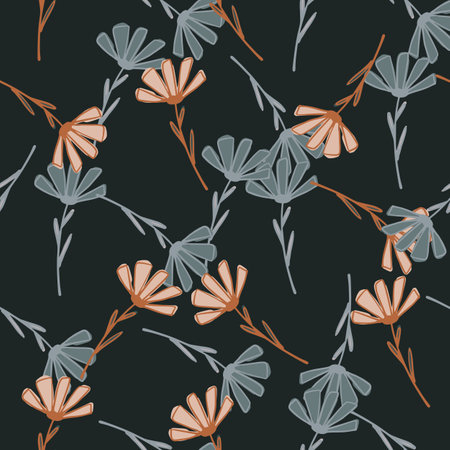 Botanic seamless pattern with grey and orange outline daisy print. Black background. Flat vector print for textile, fabric, giftwrap, wallpapers. Endless illustration.のイラスト素材
