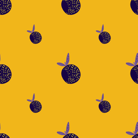 Purple creative orange fruit seamless doodle pattern. Bright yellow background. Vitamin food. Graphic design for wrapping paper and fabric textures. Vector Illustration.のイラスト素材