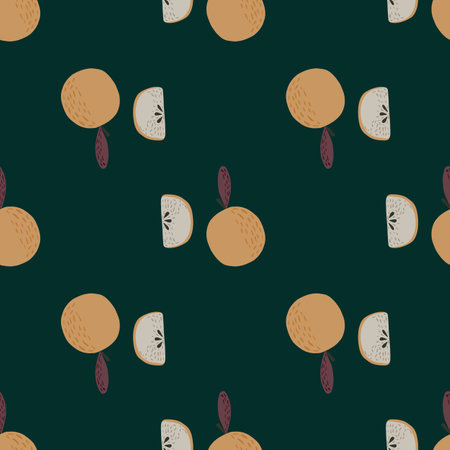 Minimalistic seamless pattern with beige apples ornament. Dark green background. Food backdrop. Vector illustration for seasonal textile prints, fabric, banners, backdrops and wallpapers.のイラスト素材