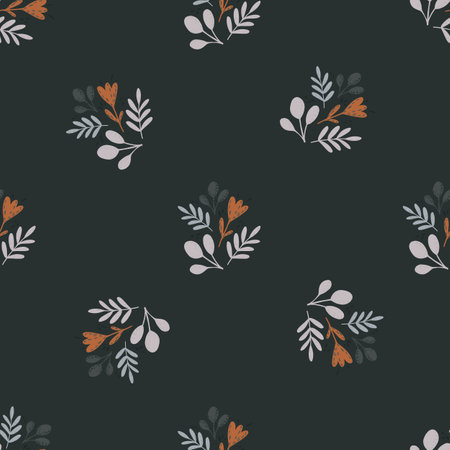 Minimalistic seamless pattern with folk botanical ornament. Dark navy blue background. Nature backdrop. Vector illustration for seasonal textile prints, fabric, banners, backdrops and wallpapers.のイラスト素材