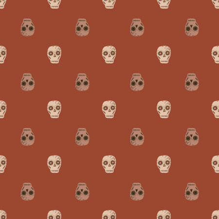 Death seamless pattern with beige colored skull elements. Brick colored background. Cartoon print. Stock illustration. Vector design for textile, fabric, giftwrap, wallpapers.のイラスト素材
