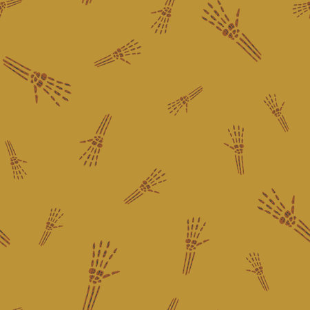 Abstract random seamless anatomical pattern with beige bone hands print. Orange background. Graphic design for wrapping paper and fabric textures. Vector Illustration.のイラスト素材