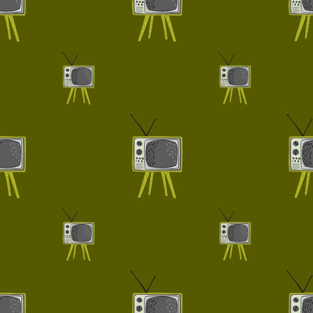 Video tv set seamless pattern. Hand drawn technics in grey tones on green olive background. Vector illustration for seasonal textile prints, fabric, banners, backdrops and wallpapers.のイラスト素材