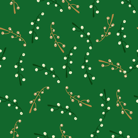 Seamless random pattern with doodle branches and berries. Green bright background. Flat vector print for textile, fabric, giftwrap, wallpapers. Endless illustration.のイラスト素材