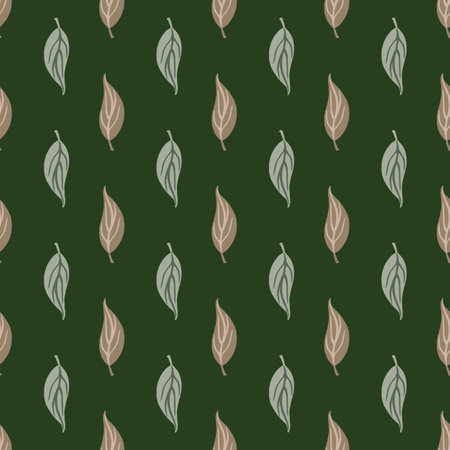 Beige and grey colored outline foliage seamless pattern. Dark green background. Nature print. Flat vector print for textile, fabric, giftwrap, wallpapers. Endless illustration.のイラスト素材