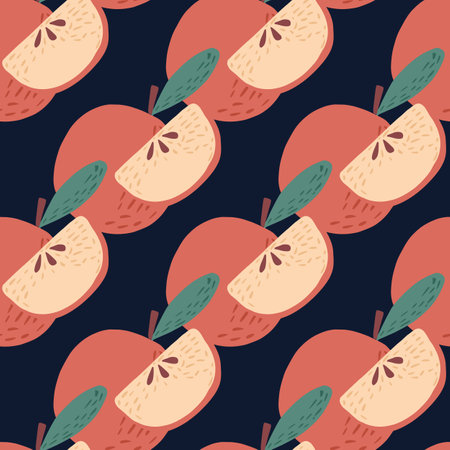 Abstract seamless patten with pink apple and apple slices ornament. Navy blue background. Graphic design for wrapping paper and fabric textures. Vector Illustration.のイラスト素材