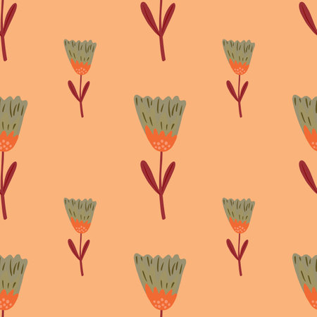 Doodle botanic seamless pattern with green pale flowers ornament. Coral pastel background. Flat vector print for textile, fabric, giftwrap, wallpapers. Endless illustration.のイラスト素材