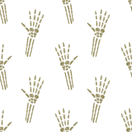 Isolated seamless haloween pattern with beige bone hands shapes. White background. Spooky print. Graphic design for wrapping paper and fabric textures. Vector Illustration.のイラスト素材