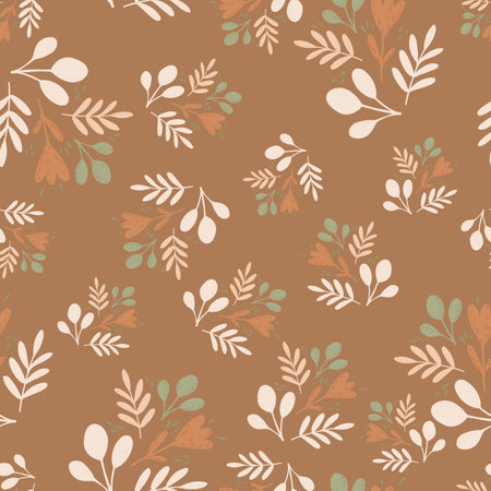 Autumn seamless folk pattern with white and green colored leaves and flowers. Beige background. Vector illustration for seasonal textile prints, fabric, banners, backdrops and wallpapers.のイラスト素材