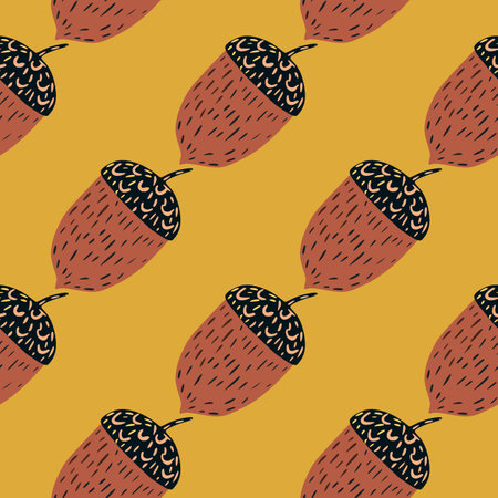 Autumn seamless pattern with paste tones chestnut hand drawn elements on yellow background. Graphic design for wrapping paper and fabric textures. Vector Illustration.のイラスト素材
