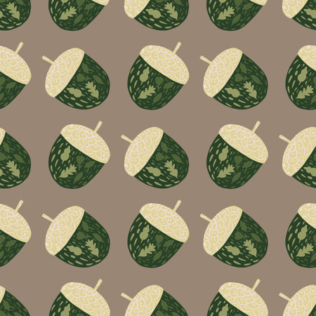Decorative seamless pattern with simple green acorn silhouettes. Beige background. Stock illustration. Vector design for textile, fabric, giftwrap, wallpapers.のイラスト素材