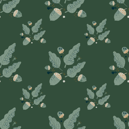 Abstract ornament with pale blue leaf and acorn silhouettes. Green background, Forest foliage backdrop. Flat vector print for textile, fabric, giftwrap, wallpapers. Endless illustration.のイラスト素材