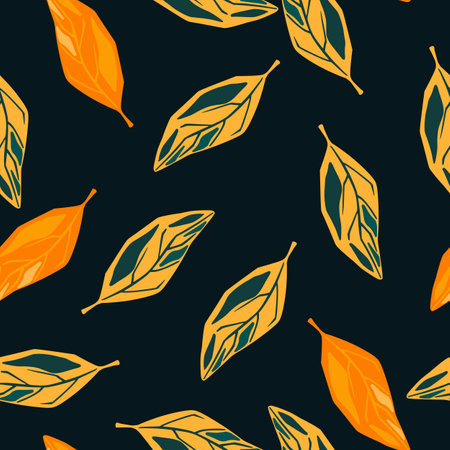 Random seamless abstract creative print with bright orange leaf silhouettes. Black background. Flat vector print for textile, fabric, giftwrap, wallpapers. Endless illustration.のイラスト素材