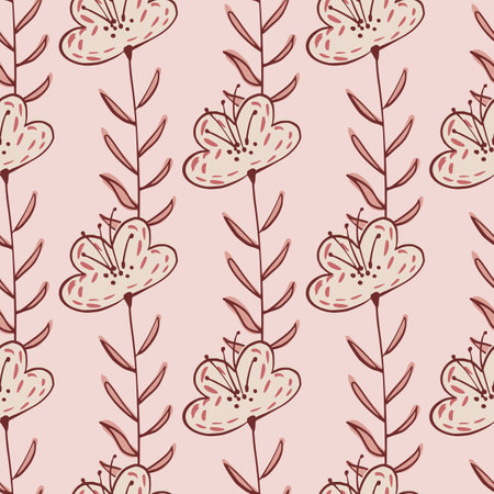 Abstract outline contoured botanic seamless wildflower pattern. Pastel pink palette artwork. Graphic design for wrapping paper and fabric textures. Vector Illustration.のイラスト素材