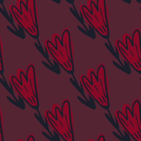 Simple minimalistic seamless pattern with tulip hand drawn flower shapes. Dark pink palette. Vector illustration for seasonal textile prints, fabric, banners, backdrops and wallpapers.のイラスト素材