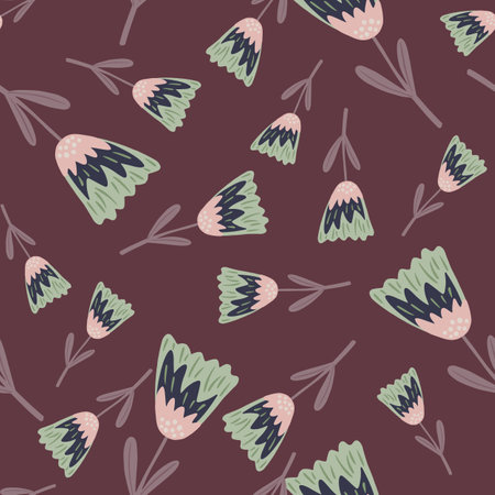 Random seamless nature pattern with simple flower elements. Vine colored background. Flat vector print for textile, fabric, giftwrap, wallpapers. Endless illustration.のイラスト素材