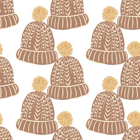 Isolated seamless pattern with beige knitted wool hat shapes. White background. Graphic design for wrapping paper and fabric textures. Vector Illustration.のイラスト素材