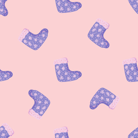 Random seamless pattern with hand drawn wool blue winter shoes ornament. Pink background. Stock illustration.のイラスト素材
