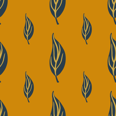 Navy blue contoured leaves doodle seamless pattern. Ocher background. Nature artwork.  Endless illustration.のイラスト素材