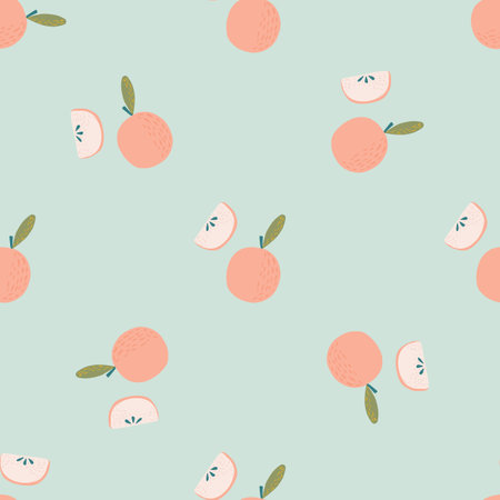 Tender seamless fruit pattern with pink apple elements. Blue light background. Pastel tones artwork. Graphic design for wrapping paper and fabric textures. Vector Illustration.のイラスト素材