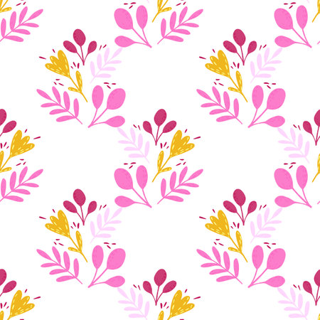 Isolated bright seamless summer nature pattern with leaves and flowers. Folk ornament in pink and yellow colors.のイラスト素材