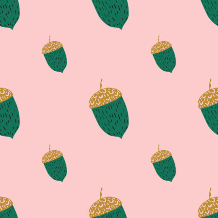 Seasonl seamless pattern with green and beige colored chestnut doodle ornament. Pink background. Graphic design for wrapping paper and fabric textures. Vector Illustration.のイラスト素材