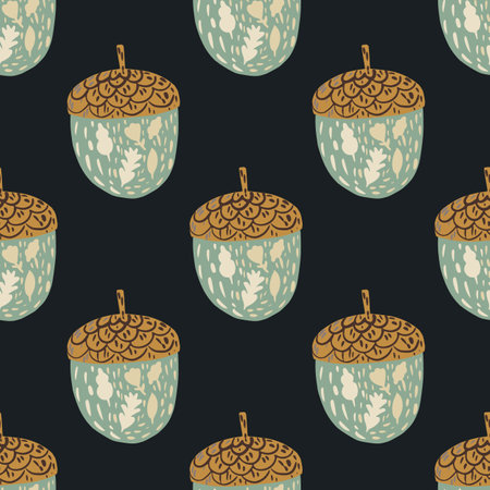 Organic seamless nature pattern with pale blue and brown acorn elements. Black background. Stock illustration. Vector design for textile, fabric, giftwrap, wallpapers.のイラスト素材