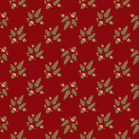 Creative seamless pattern with green foliage and acorns ornament. Maroon dark background. Flat vector print for textile, fabric, giftwrap, wallpapers. Endless illustration.のイラスト素材