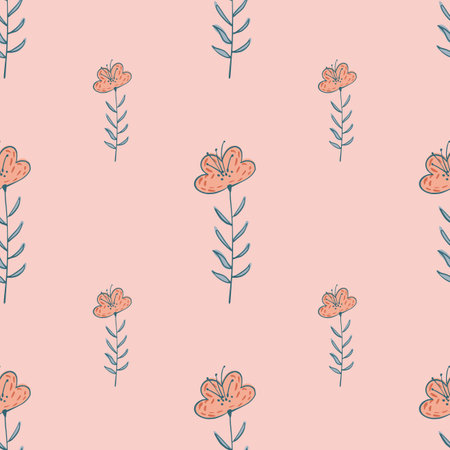 Tender seamless summer pattern with cute wilfflowers print. Pink palette botanical artwork. Graphic design for wrapping paper and fabric textures. Vector Illustration.のイラスト素材