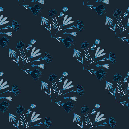 Blue colored cute flower bouquets seamless pattern. Hand drawn vintage botanic print. Stock illustration. Vector design for textile, fabric, giftwrap, wallpapers.のイラスト素材