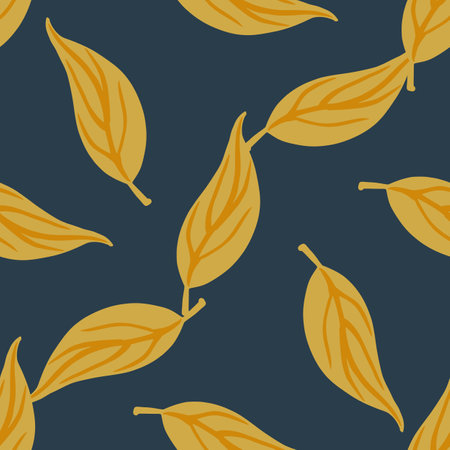 Seamless pattern with abstract hand drawn orange autumn leaves. Navy blue background. Flat vector print for textile, fabric, giftwrap, wallpapers. Endless illustration.のイラスト素材