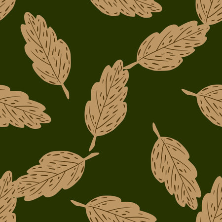 Foliage seamless random pattern with beige leaf silhouettes. Green background. Vector illustration for seasonal textile prints, fabric, banners, backdrops and wallpapers.のイラスト素材