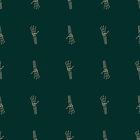 Minimalistic scary seamless pattern with simple skeleton hands shapes. Green dark background. Graphic design for wrapping paper and fabric textures. Vector Illustration.のイラスト素材