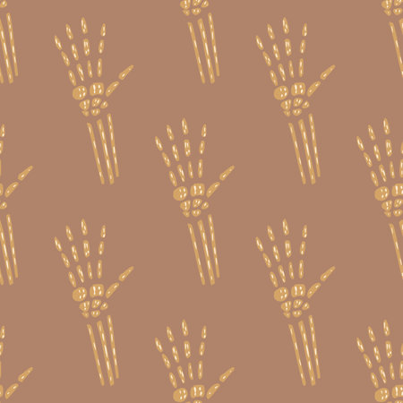Doodle seamless pattern with ligth beige skeleton hand ornament. Light brown background. Graphic design for wrapping paper and fabric textures. Vector Illustration.のイラスト素材