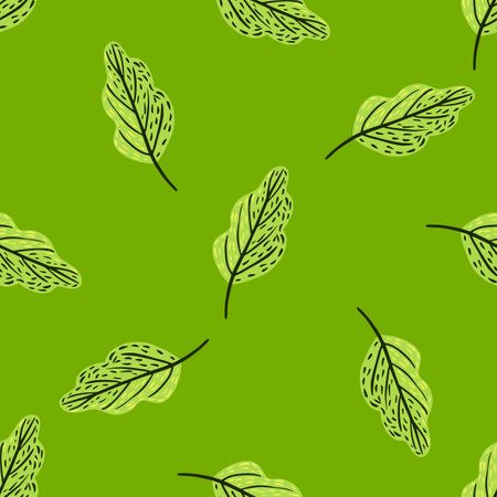 Seamless pattern with botanic decorative oak leaf ornament. Green bright background. Stock illustration. Vector design for textile, fabric, giftwrap, wallpapers.のイラスト素材