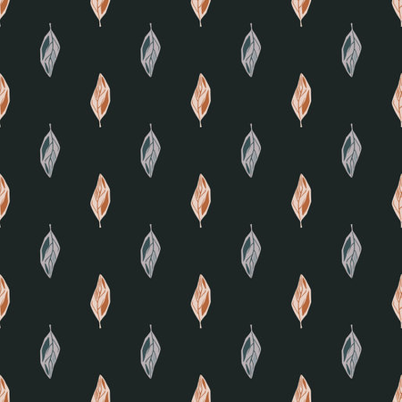 Contrast seamless pattern with blue and brown colored leaf silhouettes. Black background. Flat vector print for textile, fabric, giftwrap, wallpapers. Endless illustration.のイラスト素材