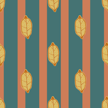 Creative seamless food pattern with orange lemon ornament. Striped background with blue lines. Vector illustration for seasonal textile prints, fabric, banners, backdrops and wallpapers.のイラスト素材