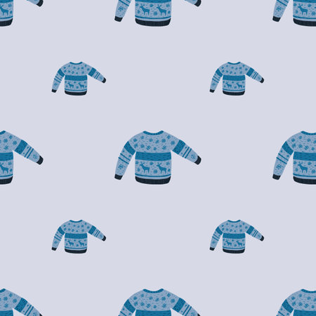 Simple seamless winter pattern with wool sweater silhouettes. Blue palette christmas backdrop. Flat vector print for textile, fabric, giftwrap, wallpapers. Endless illustration.のイラスト素材