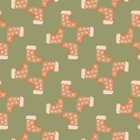 Painted boots seamless style winter pattern. Cozy shoes ornament print in green and red pale tones. Stock illustration. Vector design for textile, fabric, giftwrap, wallpapers.のイラスト素材