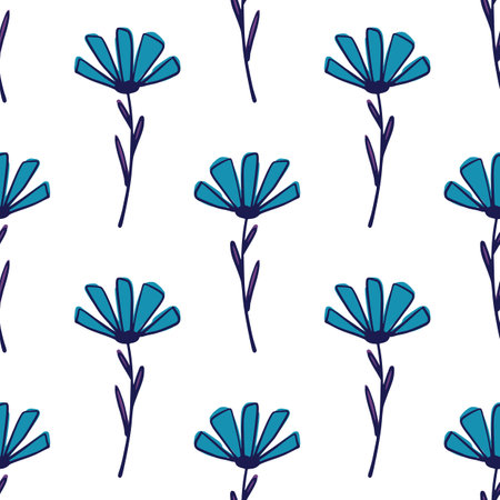 Simple abstract seamless pattern with blue bright daisy flowers. White background. Flat vector print for textile, fabric, giftwrap, wallpapers. Endless illustration.のイラスト素材