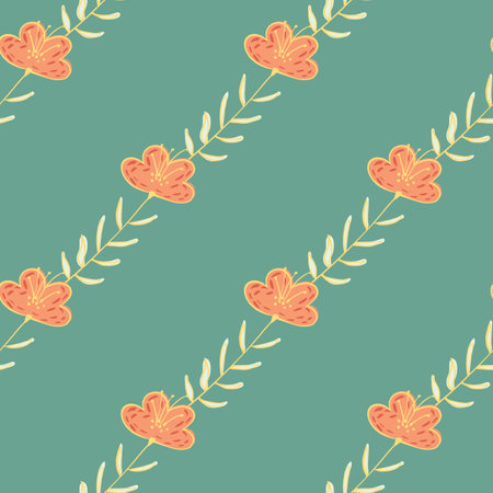 Field wildflower seamless pattern in tender summer style. Orange floral ornament on blue bakground. Graphic design for wrapping paper and fabric textures. Vector Illustration.のイラスト素材