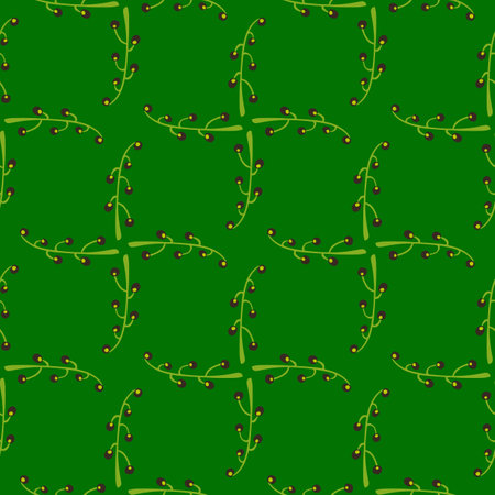 Bright seamless pattern with branches and berries ornament. Green background. Nature print. Flat vector print for textile, fabric, giftwrap, wallpapers. Endless illustration.のイラスト素材