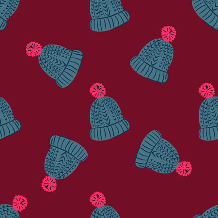 Seamless random pattern with blue colored hat holiday print. Maroon background. Graphic design for wrapping paper and fabric textures. Vector Illustration.のイラスト素材