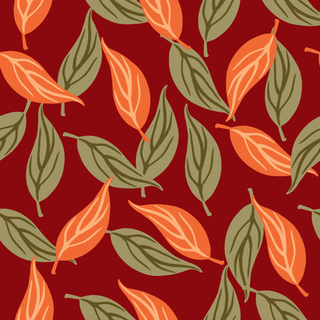 Decorative seamless pattern with green pale and red light colored leaves. Maroon background. Flat vector print for textile, fabric, giftwrap, wallpapers. Endless illustration.のイラスト素材