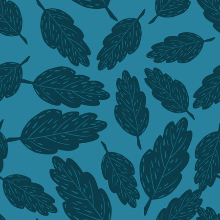 Botanic seamless pattern with random doodle navy blue autumn foliage. Leaf print on blue light background. Vector illustration for seasonal textile prints, fabric, banners, backdrops and wallpapers.のイラスト素材