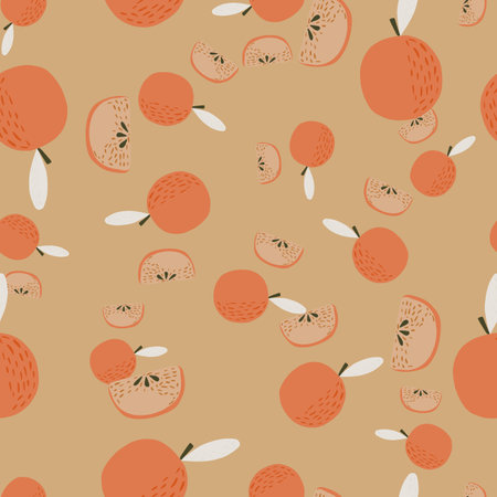 Random seamless harvest garden pattern with red apple ornament. Beige background. Graphic design for wrapping paper and fabric textures. Vector Illustration.のイラスト素材
