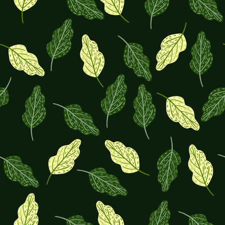 Forest nature seamless pattern with green and yellow light oak leaves. Dark background. Botanic backdrop. Stock illustration. Vector design for textile, fabric, giftwrap, wallpapers.のイラスト素材