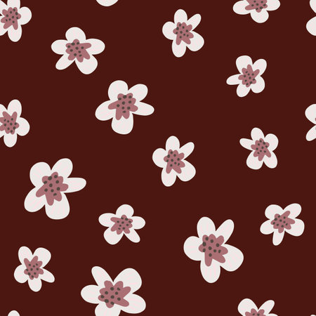 Abstract flora seamless pattern with hand drawn flowers silhouettes. Maroon background. Flat vector print for textile, fabric, giftwrap, wallpapers. Endless illustration.のイラスト素材